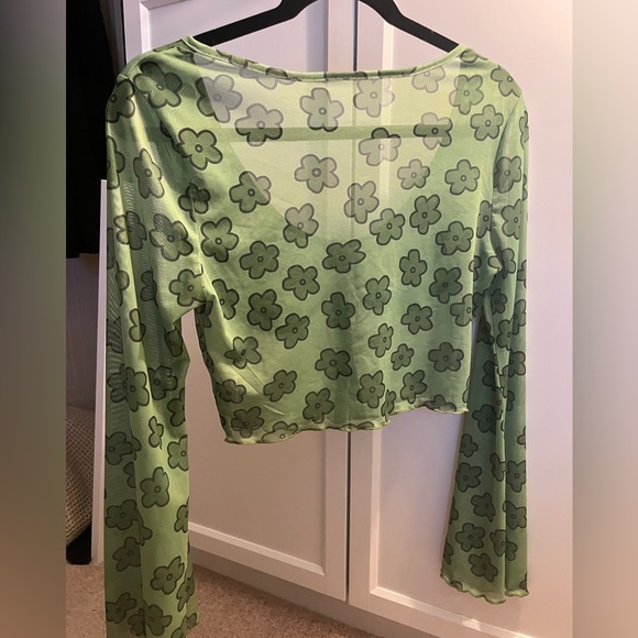 Shien Mesh Green Crop Top long sleeve with flowers - Picture 2 of 6